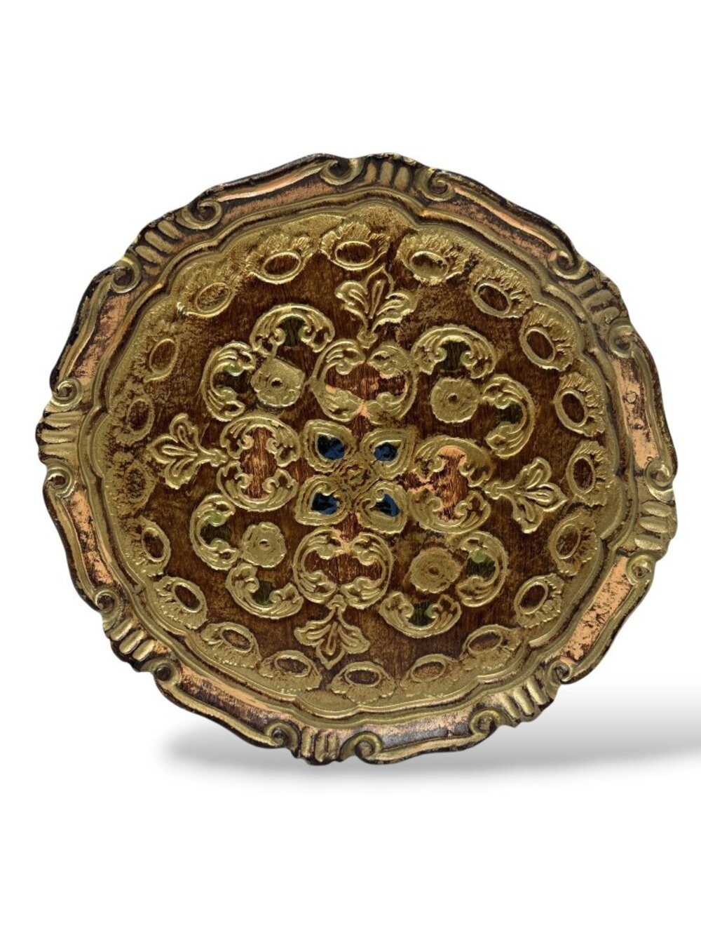 Vintage Italian Florentine Gilt Wood Round Tray Gold 9" Ornate Made in Italy